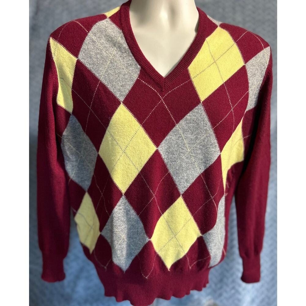Scott & Charters Irish Cashmere Intarsia Argyle VNeck Sweater Luxe Golf Vintage